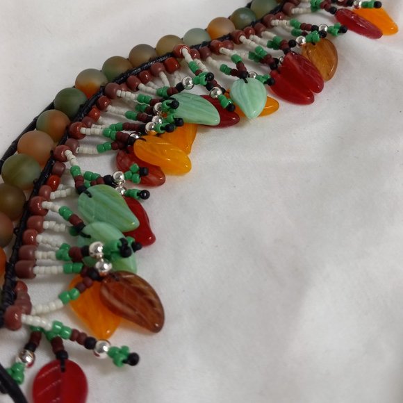 Woven Bracelet with Green and Orange Agate, Leaves on Fringe, Silver Button - Picture 7 of 8